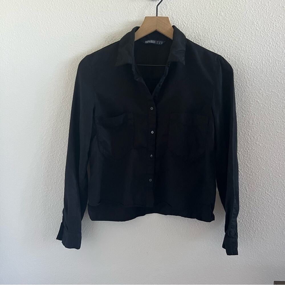 Zara Basic Black Front Button Long Sleeve Top Shirt Blouse XS